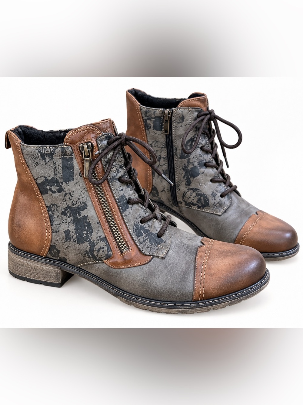 Remonte Leather Lace Up Ankle Boots EU 40 US 9-9.5 Gray Brown Side Zip Artsy